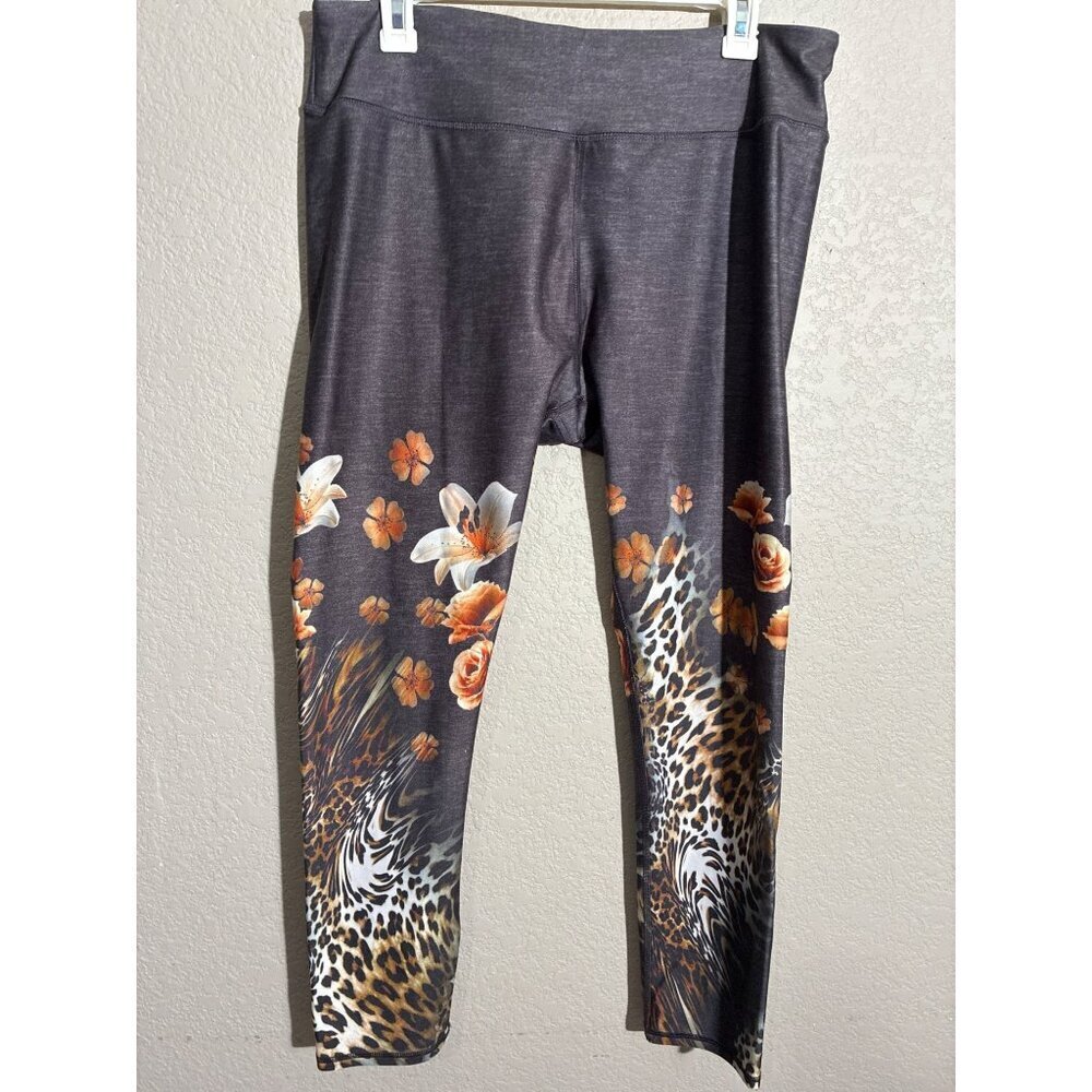 Gkla Leggings Womens size 3 Gray Floral Leopard Print Athletic Mid-Rise